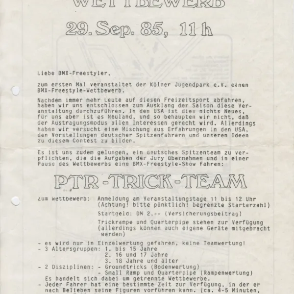 Ankündigung des ersten Freestyle-Contests, 1985