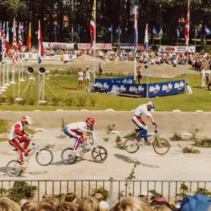 Karsten Moeller, Mike Chilvers (GB) und Charlie „Leapin'“ Litsky (Team USA) in Beek-en-Donk 1982